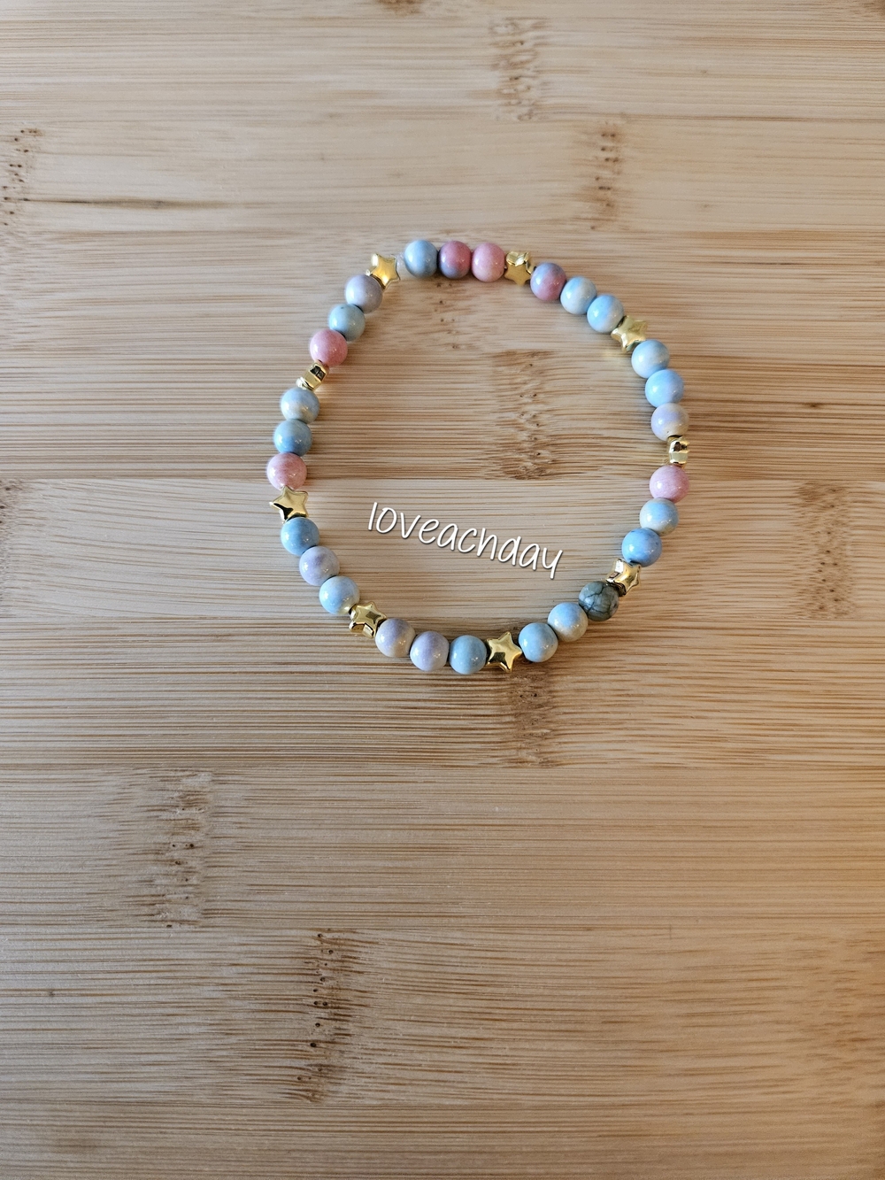 Pastel☆Beaded Stretch Bracelet with Gold Star Accents - Pink & Blue